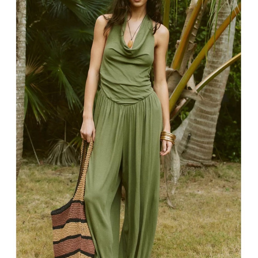 UO Olive Green Jumpsuit Out From Under Seaside Cowl Neck Halter Jumpsuit